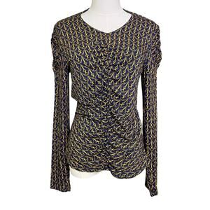 Veronica Beard Neeta 
Ruched Top Womens M Blue Gold Print Stretch Long Sleeve